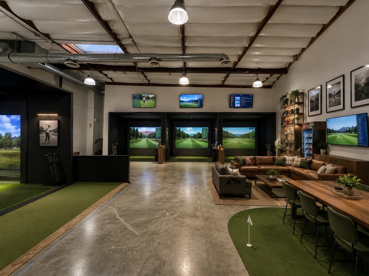 Indoor golf simulator bays and lounge at Framegolf