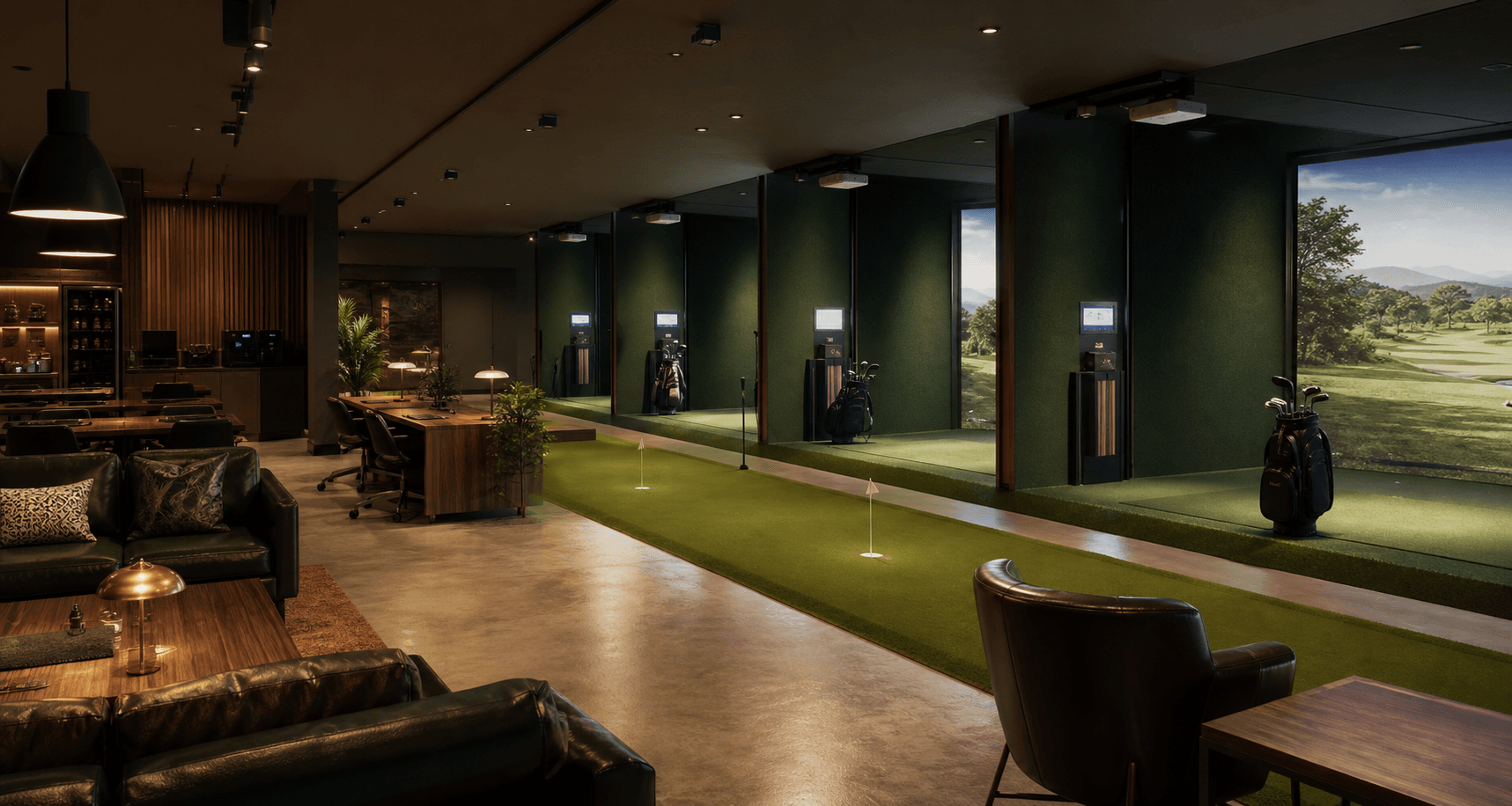 Interior lounge and simulator bays at Framegolf